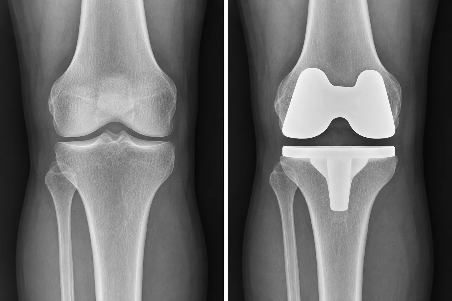 Illustrative comparison of a natural knee and a knee replacement; not a clinical radiograph